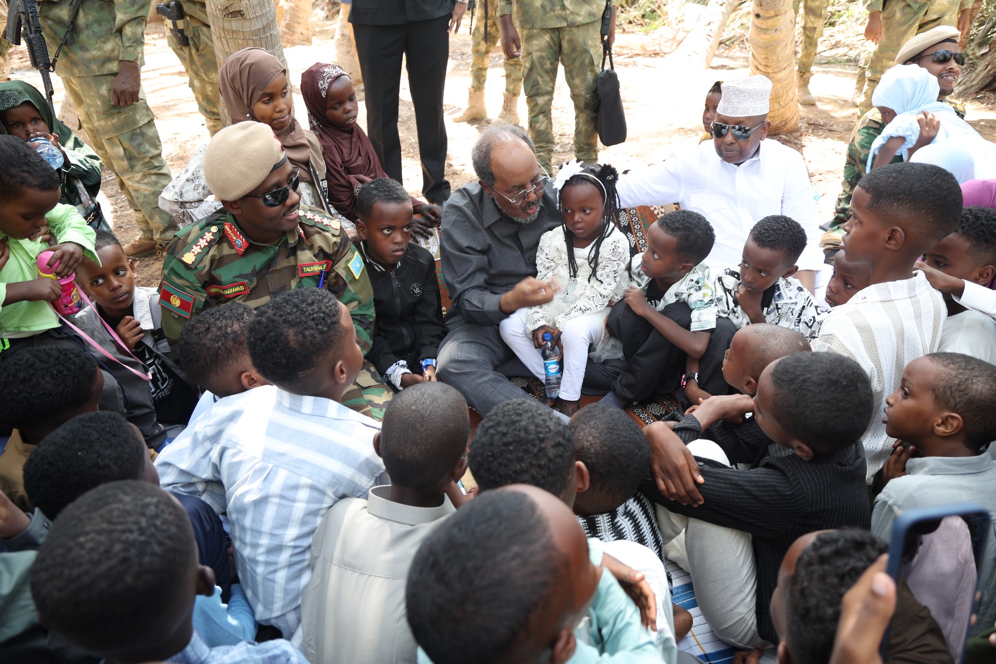 President Hassan Sheikh Mohamud joined Eid al-Fitr prayers in Gendershe with Somali National Army personnel and residents in a recently recovered coastal town.