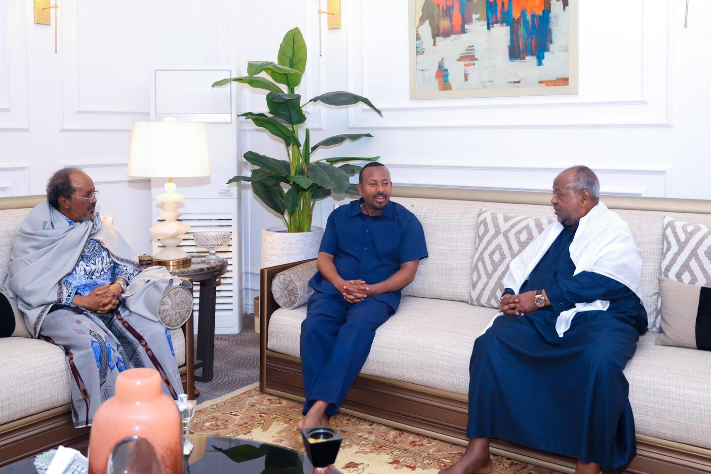 Somali President Hassan Sheikh Mohamud, Djiboutian President Isma&iuml;l Omar Guelleh, and Ethiopian Prime Minister Abiy Ahmed meet in Djibouti on March 11, 2026, for a trilateral summit on regional security and trade.