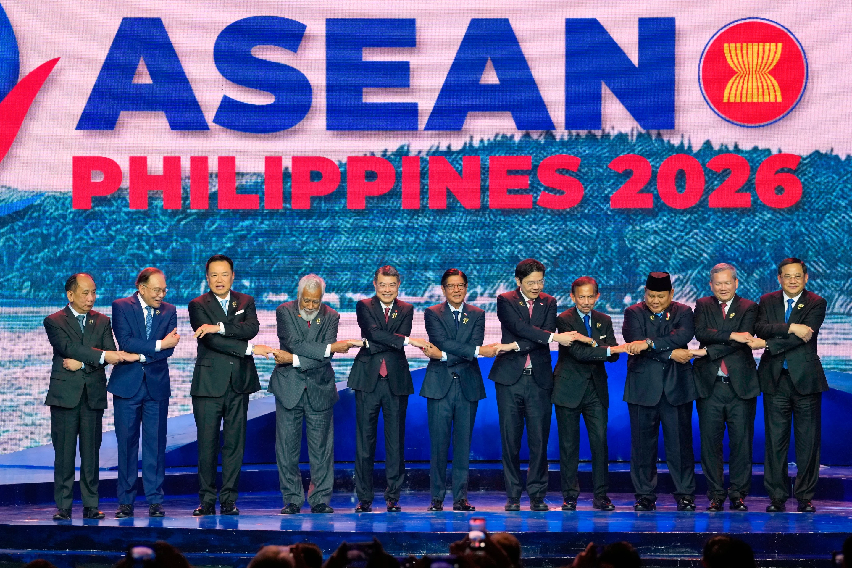 ASEAN leaders pose for a group photograph during the regional summit in Cebu, Philippines, on Friday, where member states adopted contingency measures to address the economic and energy impact of the Iran war.