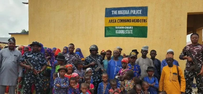 Nigerian police officers in Kaduna State, where authorities rescued 75 kidnapped travellers after an operation in Birnin Gwari.
