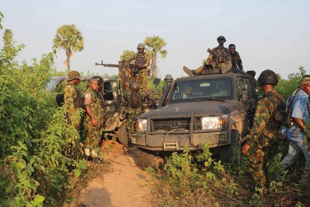 Soldiers of the Nigerian Army patrol following a militant assault on a military base, after troops repelled the attack and killed several insurgents, according to a military statement.