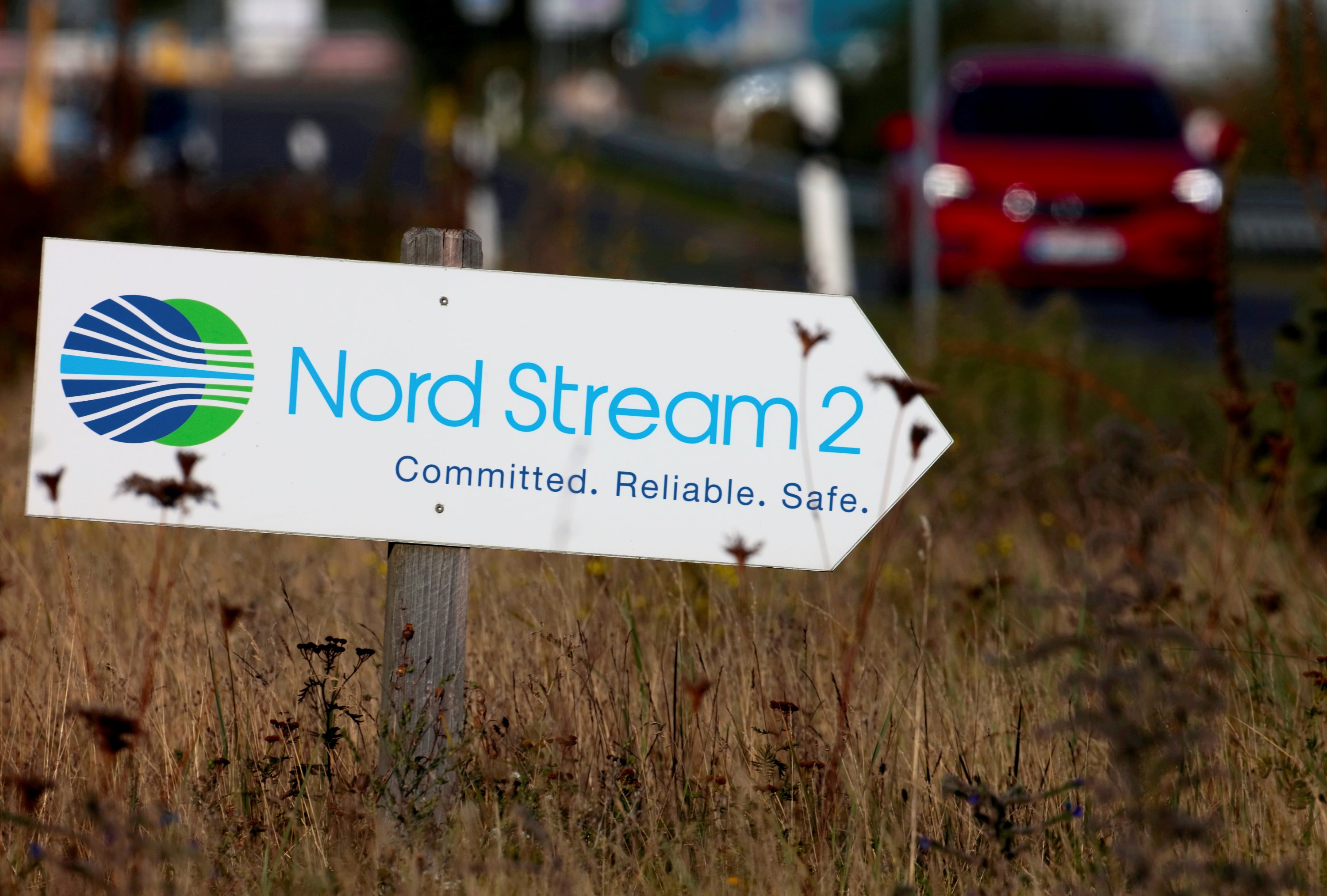 A road sign directs traffic towards the Nord Stream 2 gas line landfall facility entrance in Lubmin, Germany, Sept. 10, 2020. (Reuters Photo)