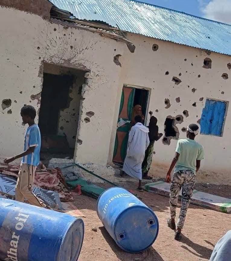 Bullet holes are seen on the wall of a partially destroyed building in Adhi Adeye town, Sool region, following deadly clan clashes.
