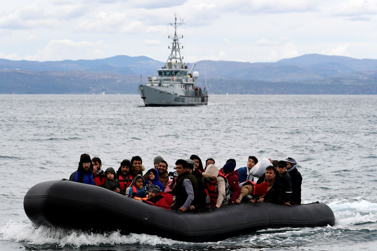 Migrants aboard an inflatable boat in the Mediterranean Sea during attempts to reach Greece, where 65 people were later intercepted on Gavdos and southern Crete in two separate arrivals.