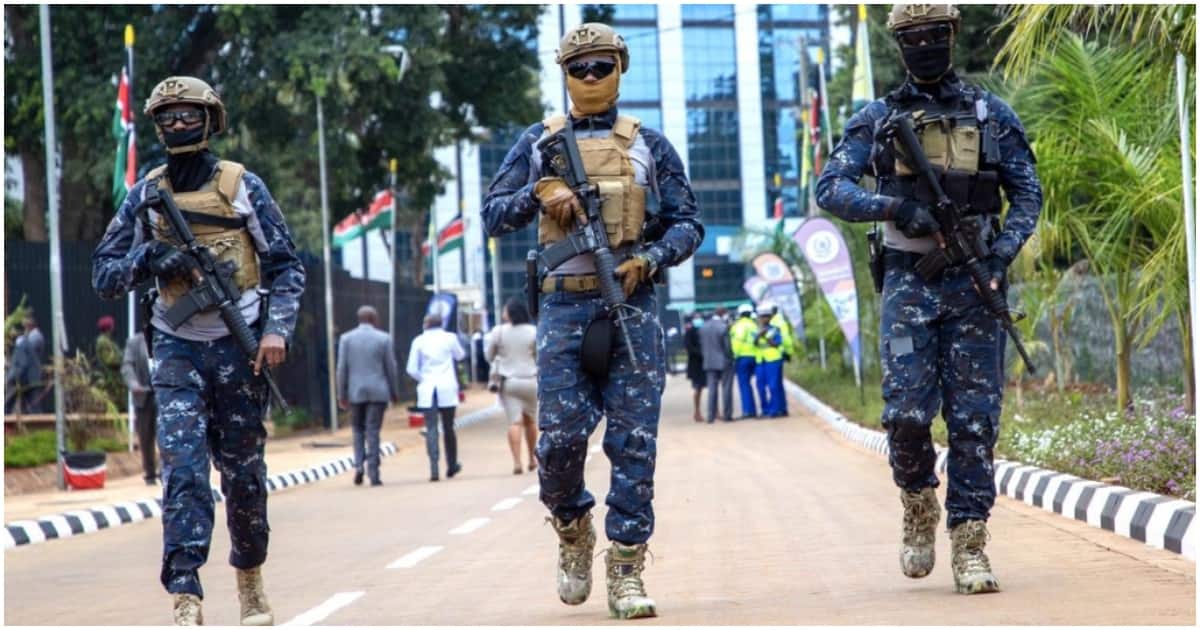 Well-trained Kenya police officers conducting a routine security patrol.