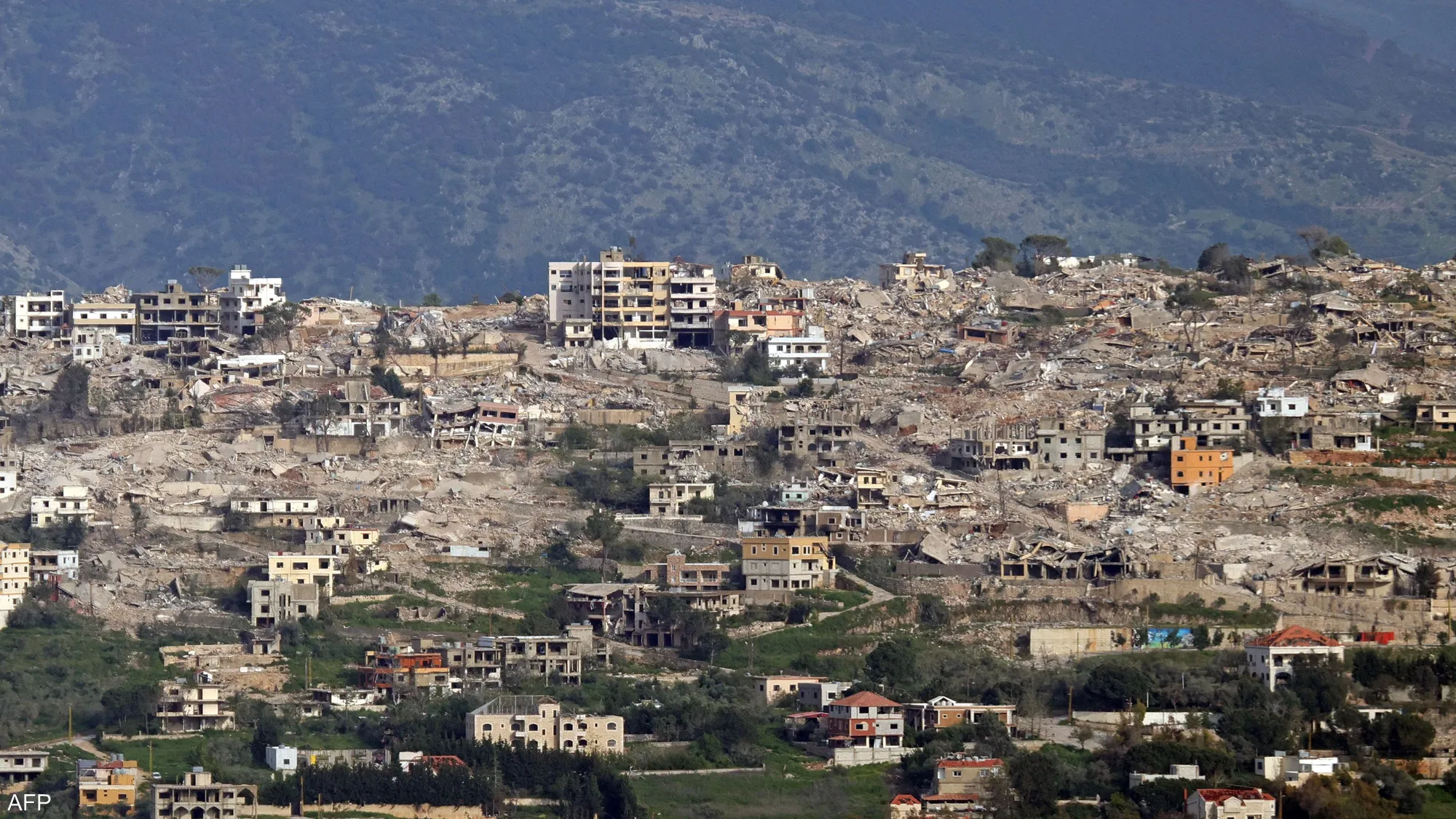 Destroyed buildings in the town of Khiyam in southern Lebanon after Israeli airstrikes and artillery shelling caused extensive structural damage amid ongoing escalation.