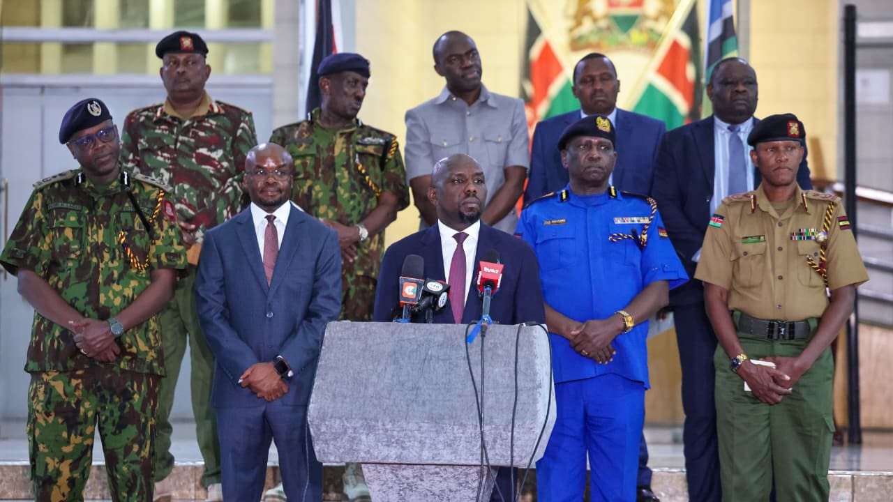 Kenya Interior Ministry officials address the media in Nairobi on Monday, outlining casualties, arrests, and security measures following nationwide fuel price protests that disrupted transport for a second consecutive day.