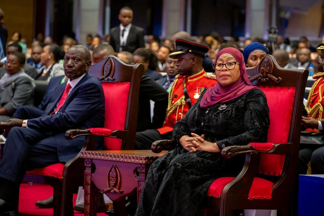 Kenya President William Ruto and Tanzania President Samia Suluhu pose for a photo during bilateral engagements in Dar es Salaam.