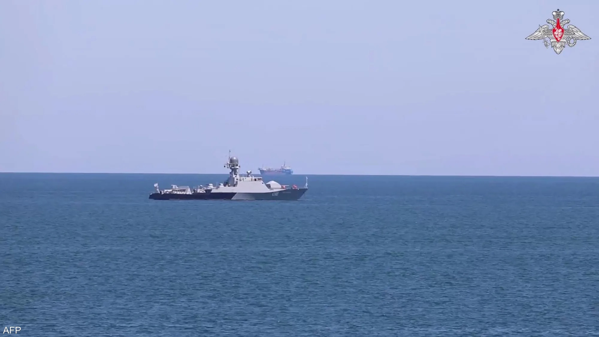 Russian naval vessel in the Caspian Sea during maritime exercises.