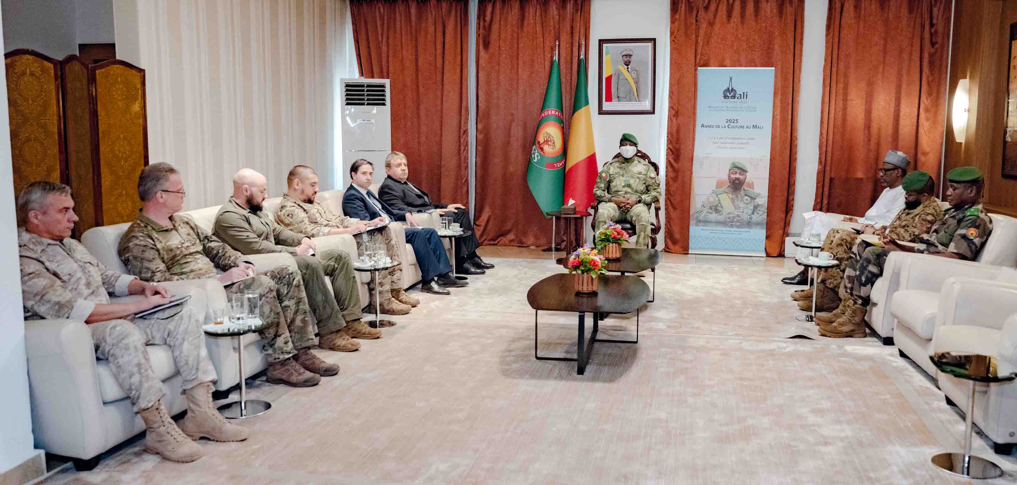 Mali's transitional leader Assimi Go&iuml;ta meets with Russia's ambassador and a visiting delegation in Bamako on April 28, reaffirming security cooperation amid heightened tensions following recent nationwide attacks.