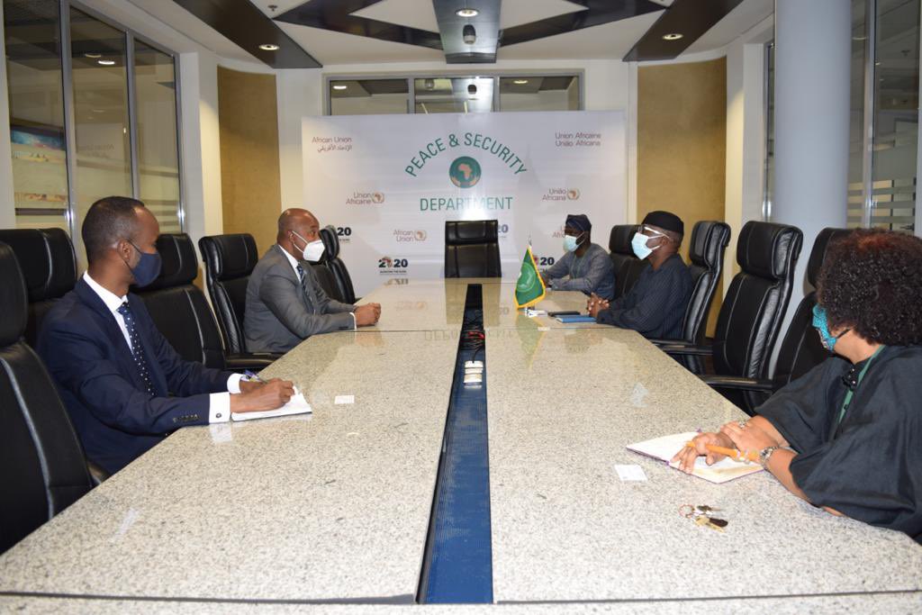 Somali Foreign Minister Mohamed Abdirizak meets in Addis Ababa on May 20 with Amb. Bankole Adeoye, African Union Commissioner for Political Affairs, Peace and Security, to discuss security and political issues.