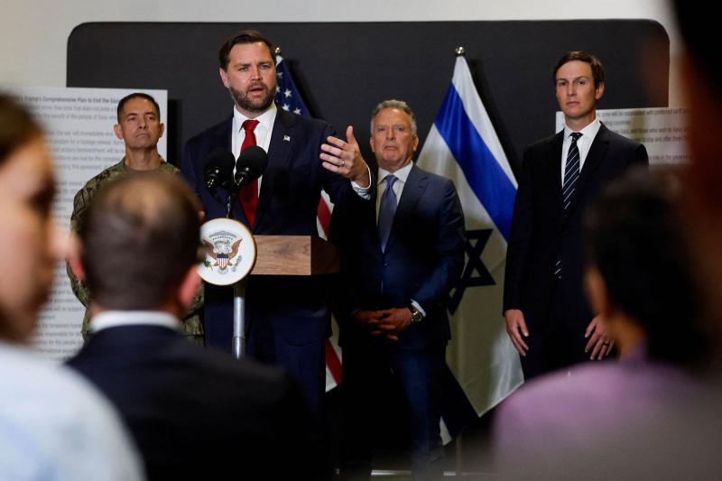 US Vice President JD Vance speaks to members of the media next to US Special Envoy to the Middle East Steve Witkoff and Jared Kushner in Kiryat Gat, Israel, October 21, 2025.