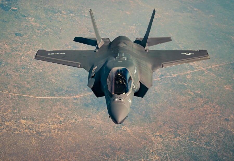 A U.S. Marine Corps F-35B Lightning II, assigned to the15th Marine Expeditionary Unit, departs after in-flight refueling while supporting Operation Octave Quartz over Somalia, Jan. 5, 2021. The U.S. launched its first airstrike Jan. 18 on al-Qaida-aligned militants in Somalia since recently withdrawing its ground forces from the country.  TREVOR T. MCBRIDE/U.S. AIR FORCE