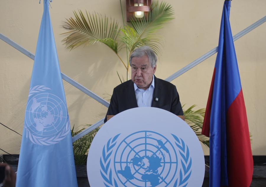 UN Secretary-General António Guterres speaks during a press briefing in Port-au-Prince, highlighting concerns over Haiti's security mandate on June 17, 2026.
