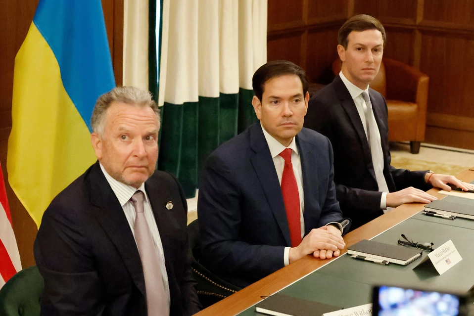 Special envoy Steve Witkoff, left, Secretary of State Marco Rubio, center, and Jared Kushner, the son-in-law of President Donald Trump, attend a meeting with Ukrainian officials on Nov. 30, 2025, in Hallandale Beach, Florida. (AP Photo/Terry Renna, File) | Terry Renna/AP