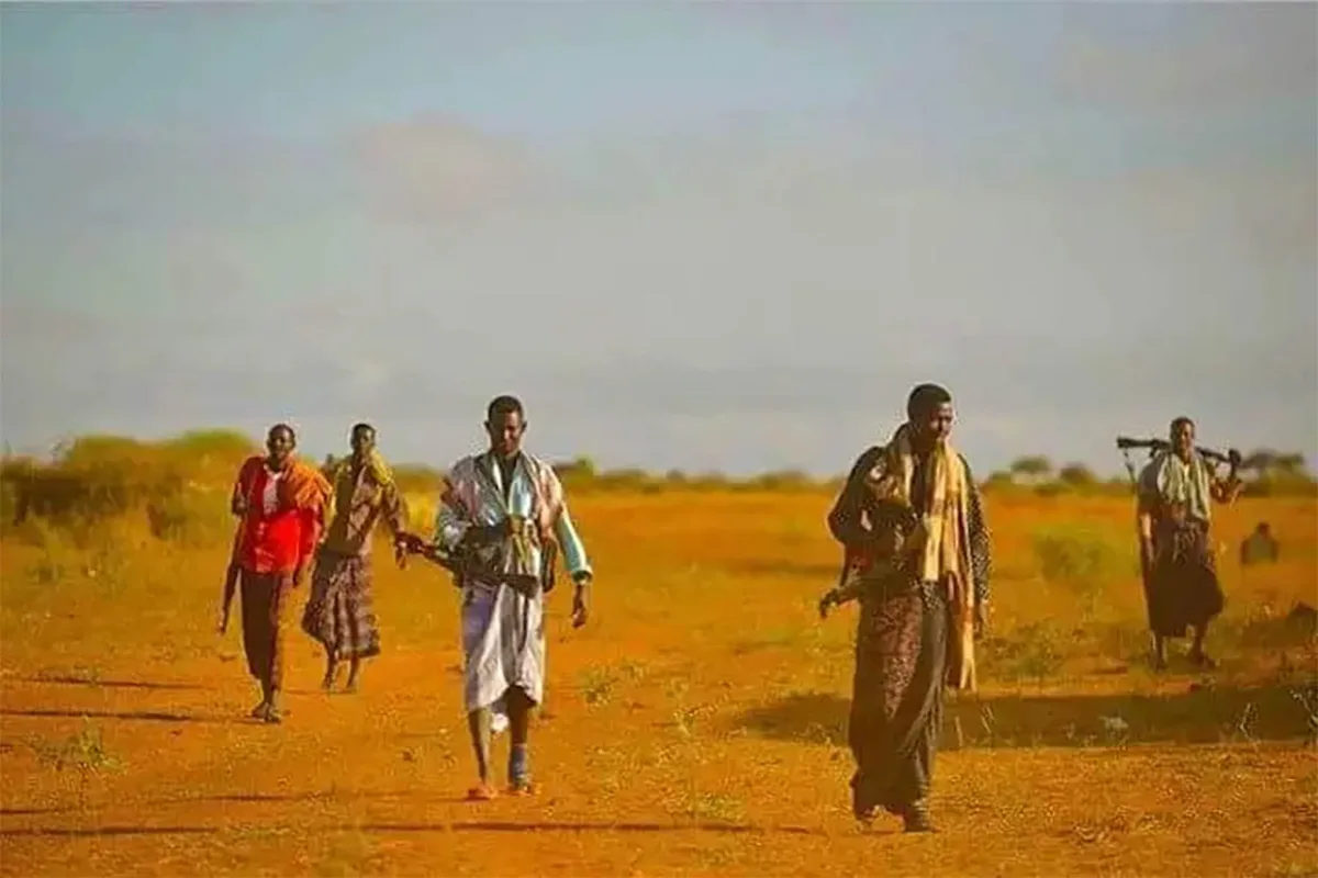 Armed Somali men move through rural terrain.