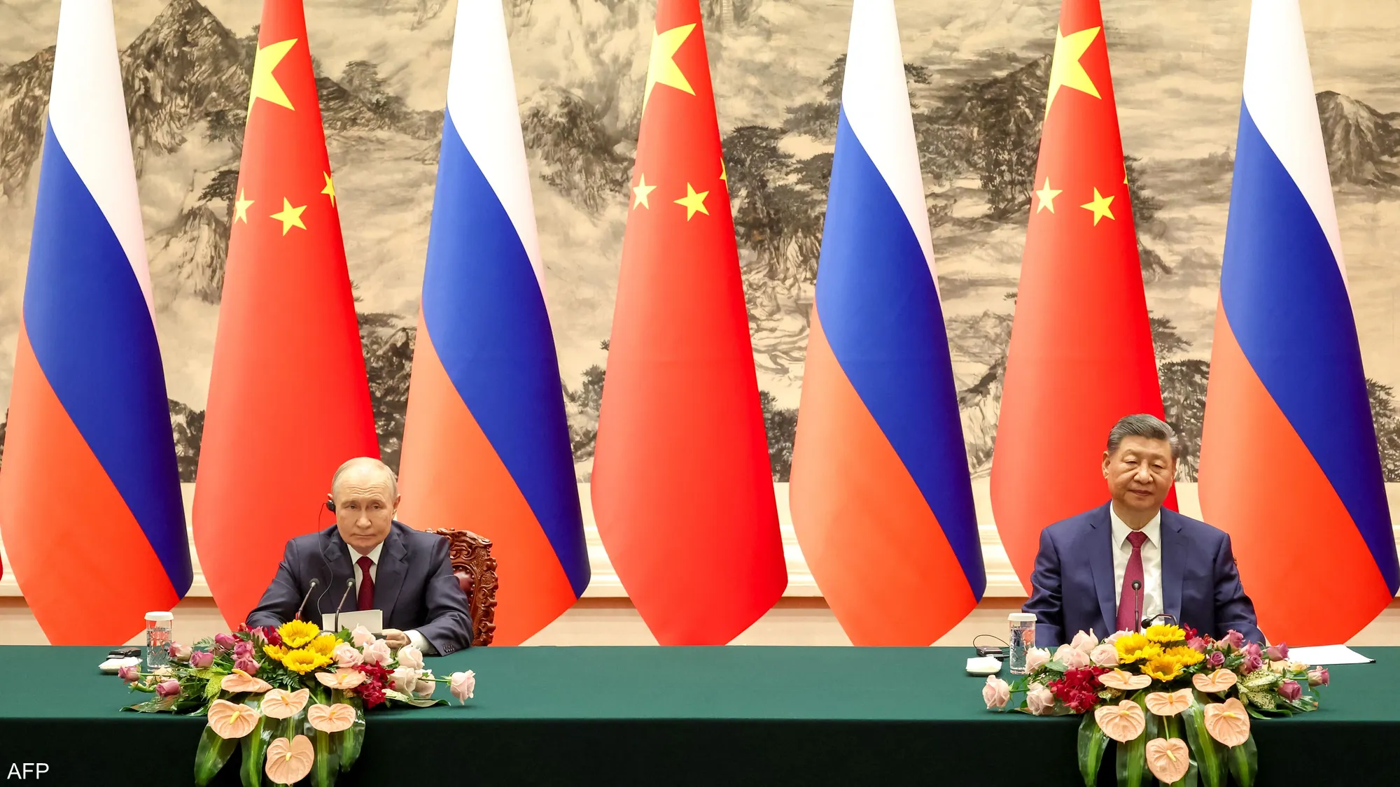 Chinese President Xi Jinping and Russian President Vladimir Putin attend a bilateral meeting at the Great Hall of the People in Beijing during talks on security, defense, and strategic cooperation between China and Russia.