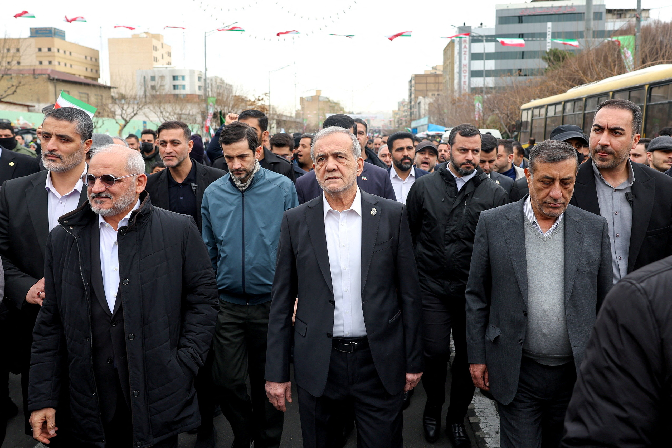 Iran's President Masoud Pezeshkian and Ali Larijani, secretary of the Supreme National Security Council, were among the many top Iranian officials marching in Tehran for the annual al-Quds Day march.