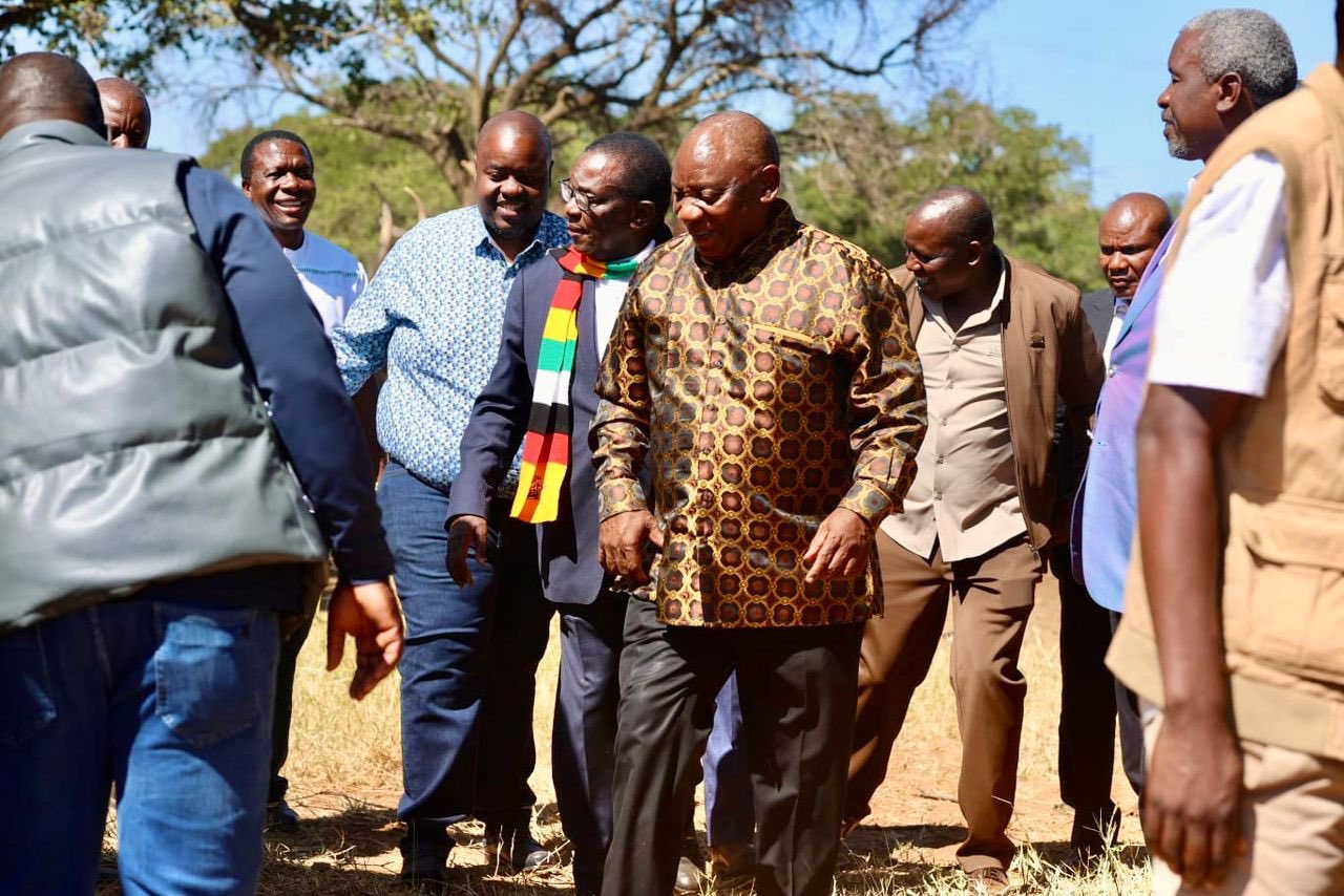 South African President Cyril Ramaphosa is seen with Zimbabwean President Emmerson Mnangagwa during a visit to a private farm in the Midlands province on May 4, 2026, as discussions take place amid rising political tensions.