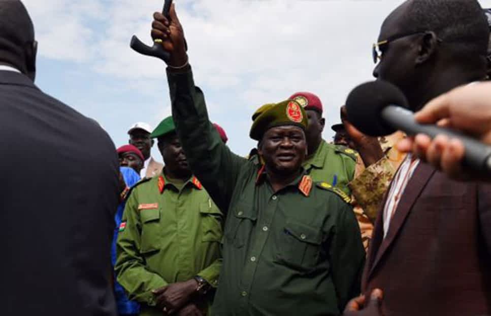 SPLA-IO Chief of General Staff General Simon Gatwech Dual arrives at Juba airport from Pagak on April 25, 2016. [Photo by unknown]