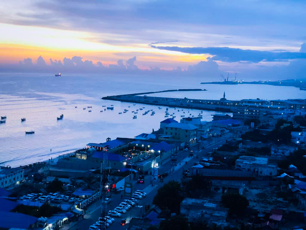 Mogadishu coastal area near Aden Abdulle International Airport in Mogadishu, showing the shoreline adjacent to Somalia's main international aviation hub.