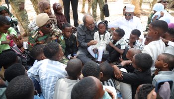 President Hassan Sheikh Mohamud joined Eid al-Fitr prayers in Gendershe with Somali National Army personnel and residents in a recently recovered coastal town.