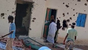 Bullet holes are seen on the wall of a partially destroyed building in Adhi Adeye town, Sool region, following deadly clan clashes.