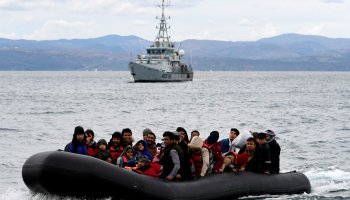 Migrants aboard an inflatable boat in the Mediterranean Sea during attempts to reach Greece, where 65 people were later intercepted on Gavdos and southern Crete in two separate arrivals.