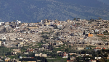 Destroyed buildings in the town of Khiyam in southern Lebanon after Israeli airstrikes and artillery shelling caused extensive structural damage amid ongoing escalation.