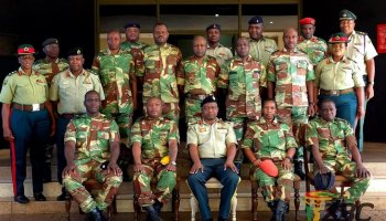 Zimbabwe National Army officers including Sean Mnangagwa pose for a group photo after being promoted to lieutenant colonel in Harare on April 29, 2026.