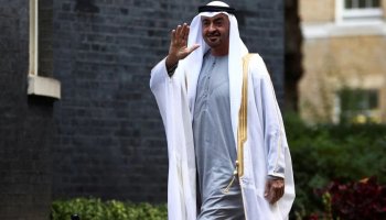 Abu Dhabi's Crown Prince Sheikh Mohammed bin Zayed al-Nahyan gestures as he walks outside Downing Street in London, Britain, September 16, 2021. REUTERS/Hannah McKay/File Photo