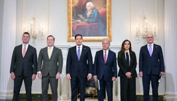 Image — The participants in the talks ahead of the meeting at the State Department in Washington, DC, on 14 April 2026. Photo by Oliver Contreras / AFP via Getty Images.