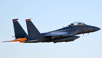 A U.S. Air Force F-15E launches from a Middle East airbase on a combat mission as part of Operation Epic Fury.