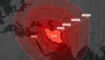 The image is an IDF illustration of concentric distance rings from central Iran (300km, 1,000km, 2,000km, 3,000km), highlighting the potential geographic reach of Iranian ballistic missiles and regional influence. Israel falls within the ~1,600km range (covered by the 2,000km ring).