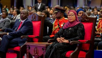 Kenya President William Ruto and Tanzania President Samia Suluhu pose for a photo during bilateral engagements in Dar es Salaam.