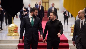 Ukrainian President Volodymyr Zelensky meets Syrian leader Ahmed al-Sharaa in Damascus to discuss security cooperation and regional food supply partnerships.