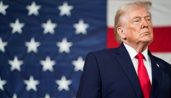 President Donald Trump during a visit to Fort Bragg, N.C., on Feb. 13. (Nathan Howard / Getty Images)