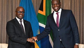 Olivier J.P. Nduhungirehe, Minister of Foreign Affairs and International Cooperation of the Republic of Rwanda, and Ronald Lamola, Minister of International Relations and Cooperation of the Republic of South Africa, meet in Pretoria during bilateral talks aimed at strengthening relations and restoring visa services between Rwanda and South Africa.