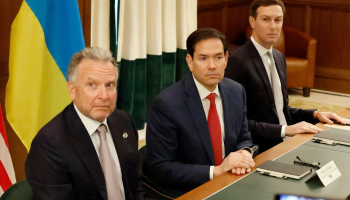 Special envoy Steve Witkoff, left, Secretary of State Marco Rubio, center, and Jared Kushner, the son-in-law of President Donald Trump, attend a meeting with Ukrainian officials on Nov. 30, 2025, in Hallandale Beach, Florida. (AP Photo/Terry Renna, File) | Terry Renna/AP