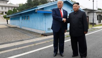 U.S. President Donald Trump, left, meets with North Korean leader Kim Jong Un at the border village of Panmunjom in the Demilitarized Zone on June 30, 2019. (Susan Walsh/AP)