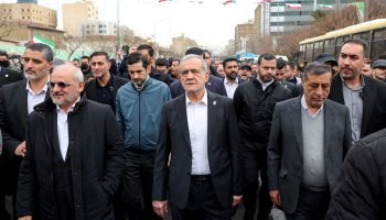 Iran's President Masoud Pezeshkian and Ali Larijani, secretary of the Supreme National Security Council, were among the many top Iranian officials marching in Tehran for the annual al-Quds Day march.