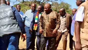 South African President Cyril Ramaphosa is seen with Zimbabwean President Emmerson Mnangagwa during a visit to a private farm in the Midlands province on May 4, 2026, as discussions take place amid rising political tensions.
