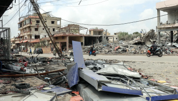 Destroyed buildings in southern Lebanon following reported Israeli airstrikes in residential areas.
