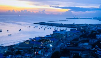 Mogadishu coastal area near Aden Abdulle International Airport in Mogadishu, showing the shoreline adjacent to Somalia's main international aviation hub.
