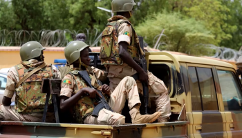 Malian army soldiers conduct a field operation during security operations in central and northern Mali.