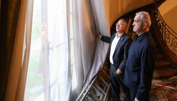 Iranian President Masoud Pezeshkian inspects damaged sections of the Saad Abad cultural and historical complex in northern Tehran following recent military strikes.
